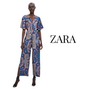 ZARA Cut Out Blue Mosaic Satin Paisley Bohemian Jumpsuit Sz M EUC